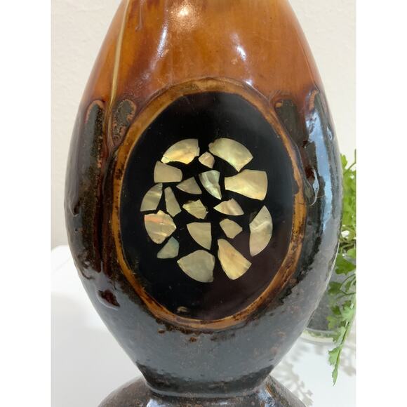 Feng Shui Pillar Candle Holder Wrought Iron Poured Glaze Abalone Shell Inlay - Picture 6 of 8